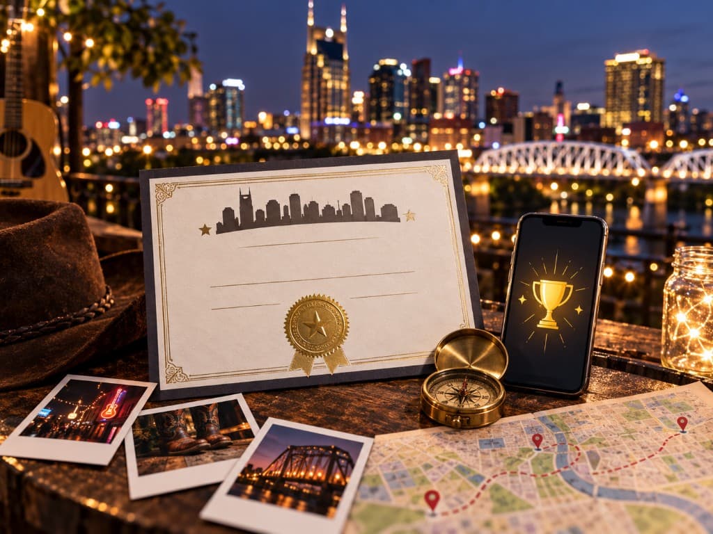 Completion certificate and polaroids with Music City skyline at night