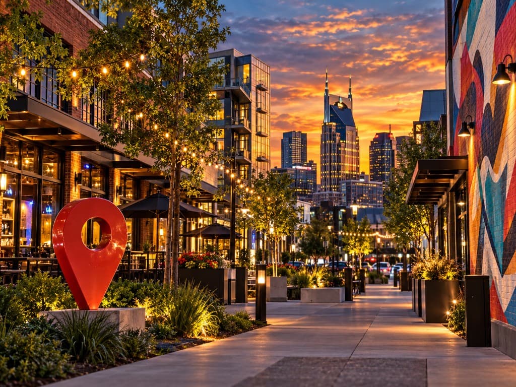 Giant map pin on a Music City street at golden hour
