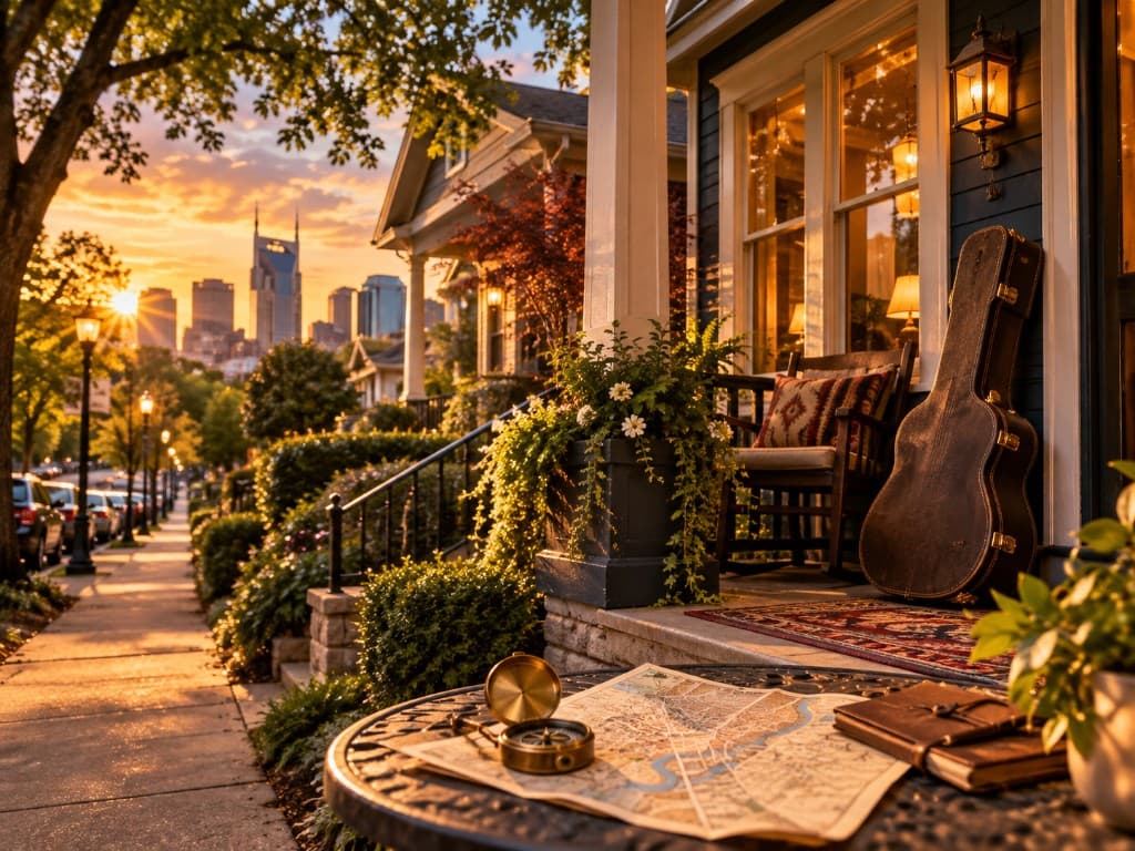 Map and compass on a porch overlooking the Music City skyline
