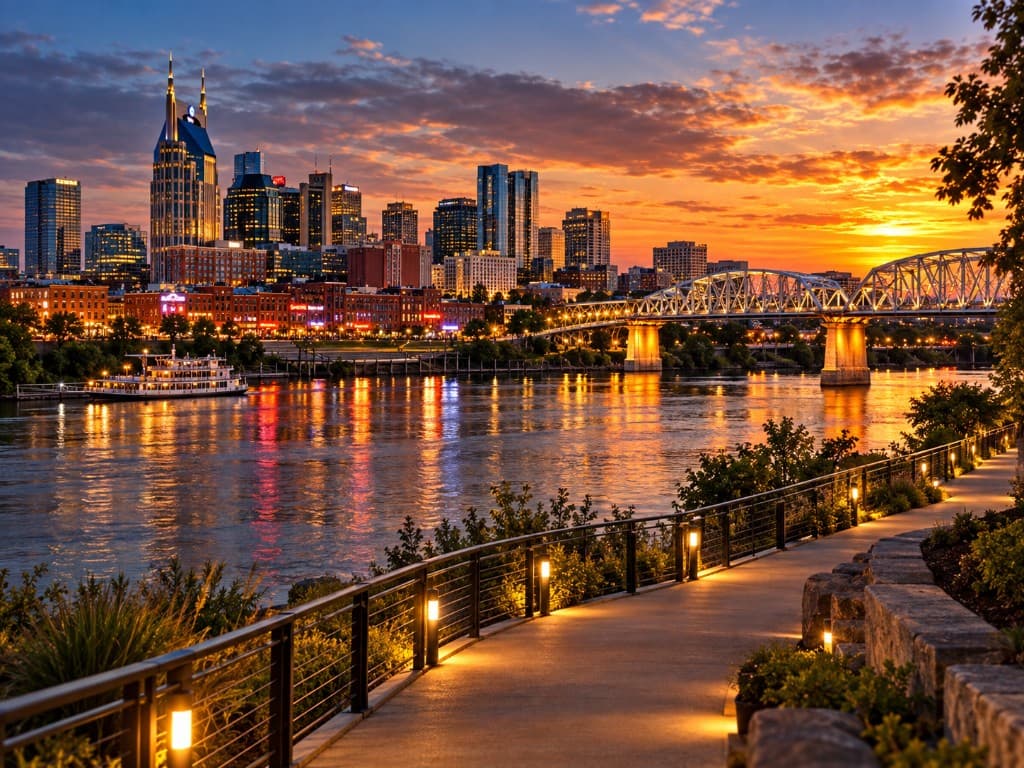 Music City skyline and pedestrian bridge over the Cumberland River at sunset